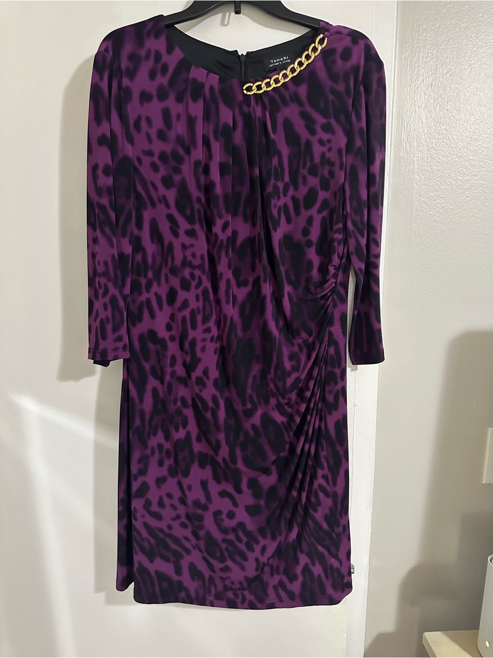 Tahari ASL Purple and Black Leopard-Print Chain-Accent Sheath Dress